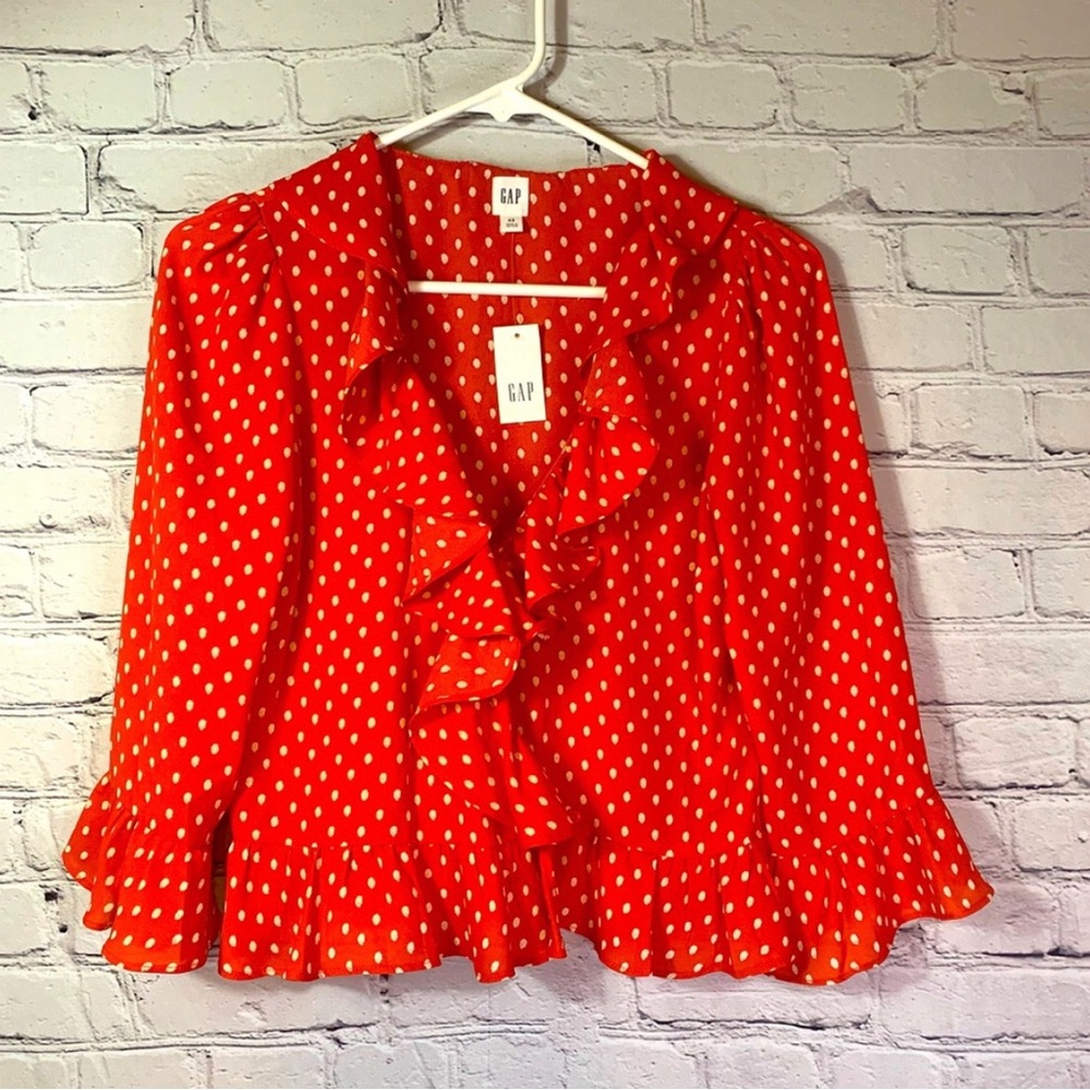 NWT Gap Ruffled Orange/Red Polka Dot Wrap Shirt XS